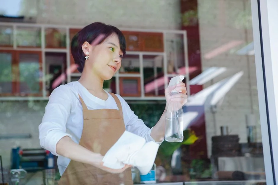 a-woman-in-a-green-shirt-and-black-gloves-vacuuming-a-gray-ottoman-5txz228u4eo
